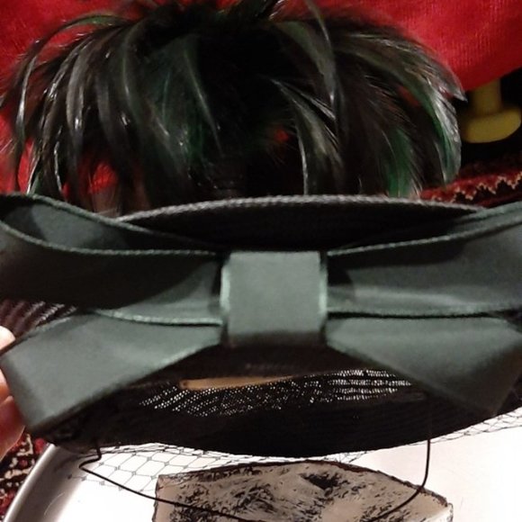 Black/Deep Green Straw, Lace & Feather Hat main image 4